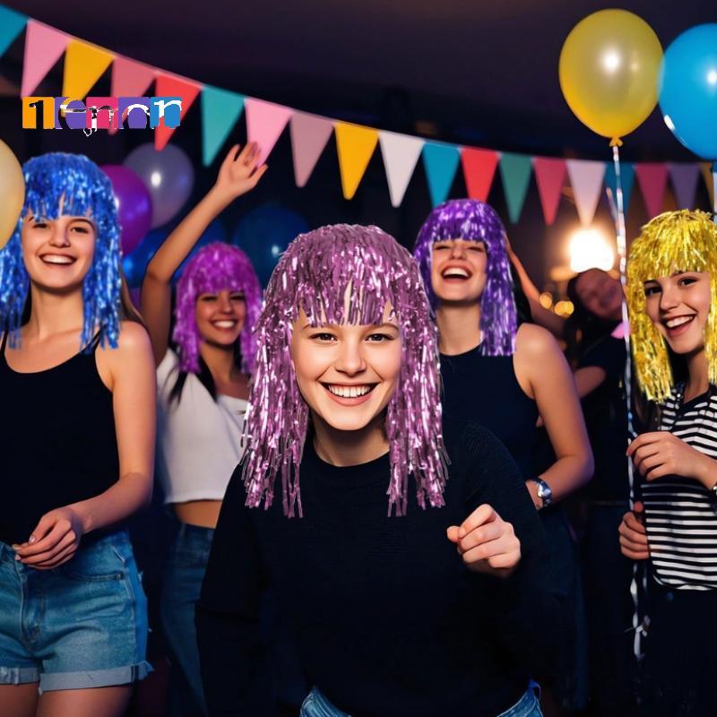 วิกผม Metallic Tinsel สำหรับงานปาร์ตี้และคอสเพลย์ หมวกfoil พร้อมใช้งาน