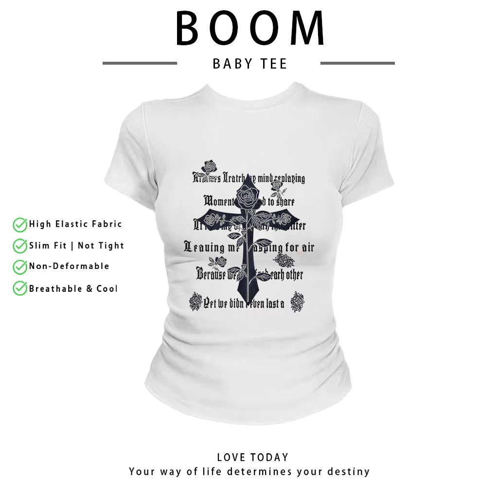 COD（จัดส่งภายใน 24 ชั่วโมง）เสื้อสาวอวบ เสื้อครอปท็อป แขนสั้น babytee สไตล์เกาหลี y2k T-shirt | kreuziform สีเข้ม