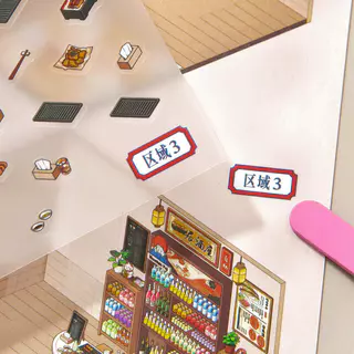 KOWEI 5 ชิ้น [ชุดการจัดการร้านค้า] 3D ขนาดใหญ่กันน้ําสติกเกอร์ภูมิทัศน์เวลาร้านสะดวกซื้อ Dreamy ร้านอาหารญี่ปุ่น Kawaii การ์ตูน Scrapbooking DIY Journal Planner อุปกรณ์