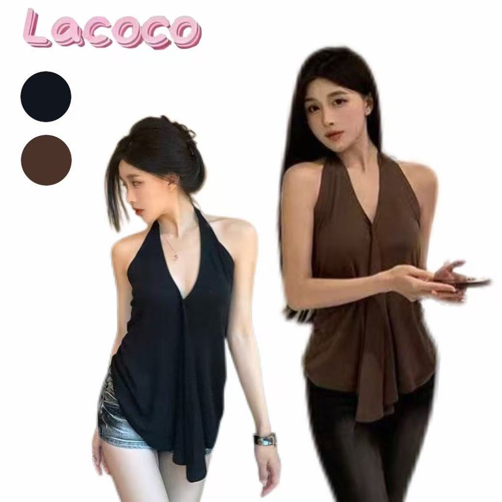Lacoco คลังสินค้าพร้อม เสื้อกล้ามคอคล้องสำหรับผู้หญิงในฤดูร้อน ดีไซน์คอเสื้อไม่สมมาตรและเปิดหลังเซ็กซี่ – โปรปัง