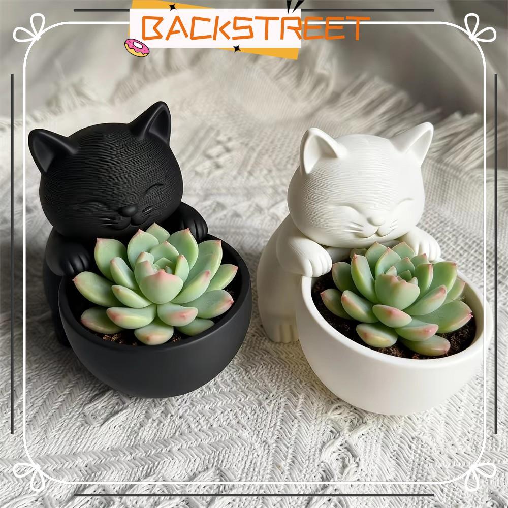 BACKSTAGEGracter กระถางต้นไม้, การออกแบบที่ไม่ซ้ําใคร Cat-Shaped กระถางดอกไม้ขนาดเล็ก, น่ารักพร้อมรูระบายน้ํา Mini Succulents Planter Pot Desktop Ornament