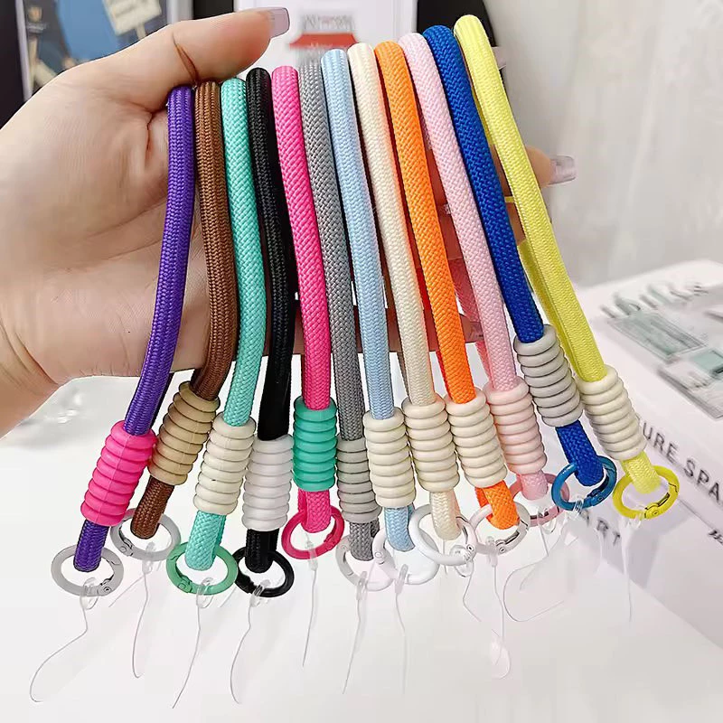สายรัดข้อมือสั้นสีสันสดใสสายคล้องเชือกเส้นเล็กโทรศัพท์มือถือสากลแขวนโซ่แหวนสายไฟพร้อมแพทช์เชือกโทรศัพท์มือถือพวงกุญแจ