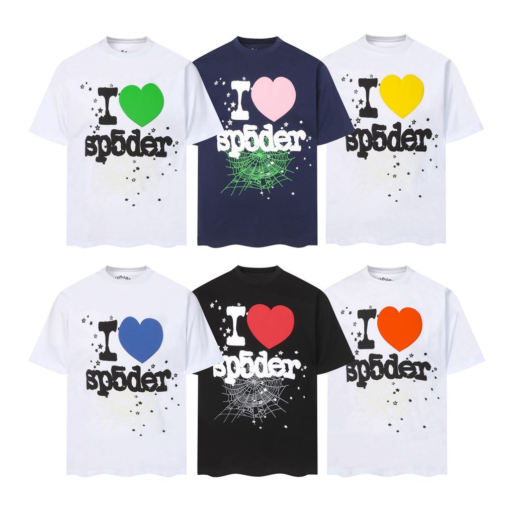 Sp5der เสื้อยืดแขนสั้นลายแมงมุมและหัวใจ พรินต์โฟมคุณภาพดี
