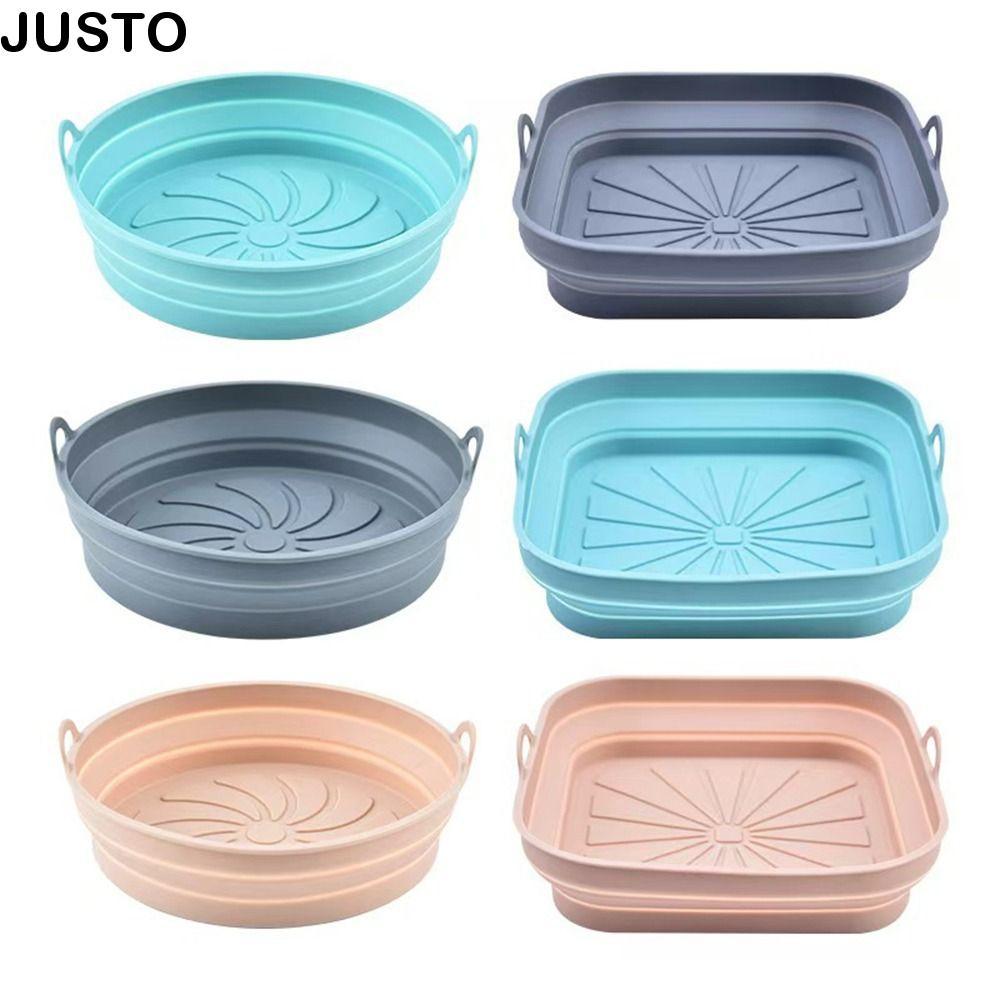 JUSTO Air Fryer ซิลิโคน Liner, ซิลิโคนหลากสี Air Fryer ถาดอบ, ทนความร้อนลื่นรอบสแควร์ Air Fryer Mat อุปกรณ์ครัว