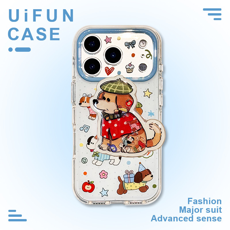 น่ารัก Apple Puppy Dog Slider Kickstand เคสโทรศัพท์สําหรับ iPhone 17 16 15 Pro Max iPhone17 รวมทุกอย่าง Anti-collision Hard IMD โทรศัพท์มือถือปกหลัง