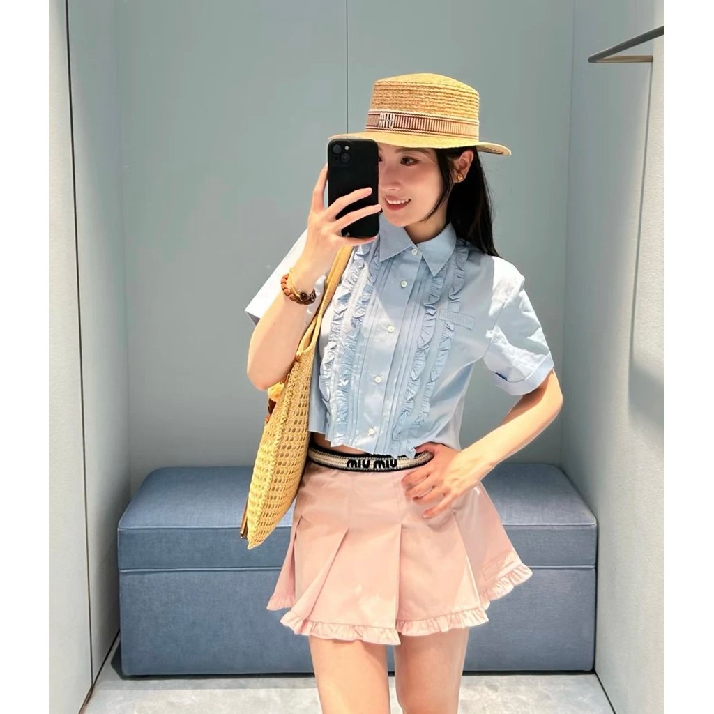 [Mumu.St] Miumi * Blue Funer Edge Short Shirt Fresh Baby Blue