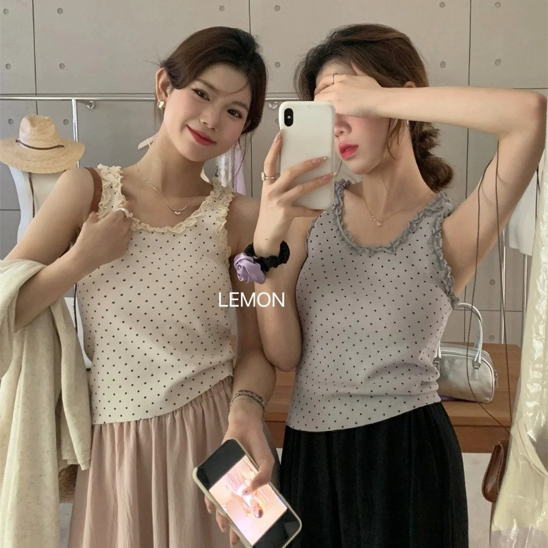 เวอร์ชั่นเกาหลีLazy Polka Dot Topผู้หญิงฤดูร้อนI-Shapedเสื้อกั๊กDesignรอบคอ 2024 ฤดูร้อนสั้นสบายๆAll