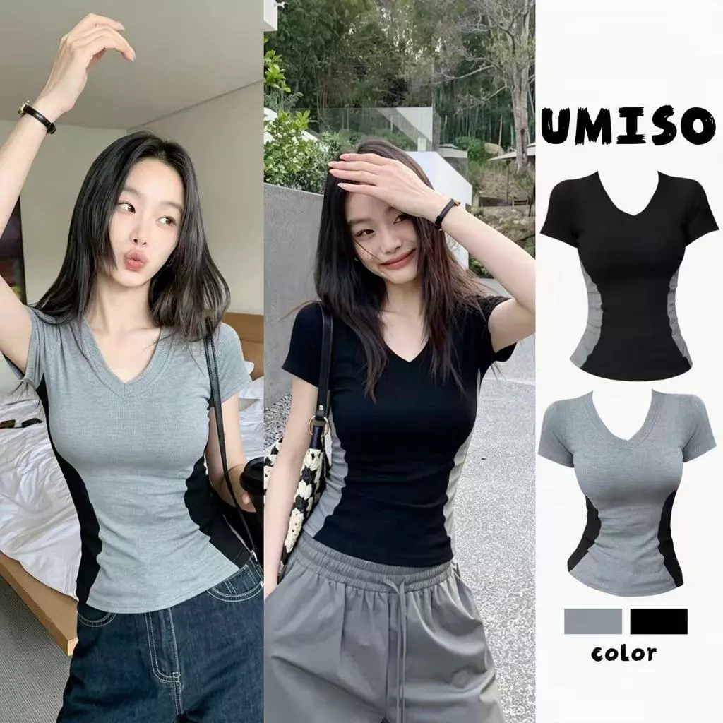 UMISO 2สี ส่งไวจากไทย คอวี เสื้อยืดผู้หญิง สีสันตัดกัน ทรงสลิมฟิต