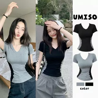 UMISO 2สี ส่งไวจากไทย คอวี เสื้อยืดผู้หญิง สีสันตัดกัน ทรงสลิมฟิต