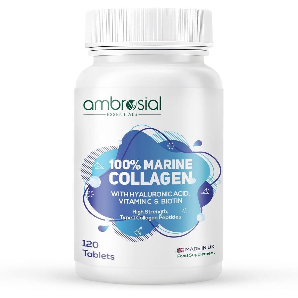 Ambrosial Hydrolysed Pure Marine อาหารเสริมคอลลาเจน 1200 มก. ประเภท 1 พร้อมกรดไฮยาลูโรนิก วิตามินซี 
