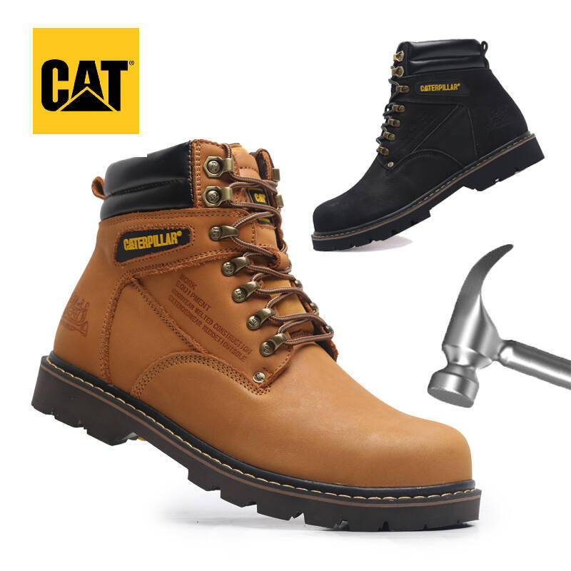 Caterpillar หัวเหล็กป้องกันการเจาะหนังแท้เดินป่าบู๊ทส์รองเท้าบู๊ตความปลอดภัยรองเท้าผู้ชายทำงาน CAT ร