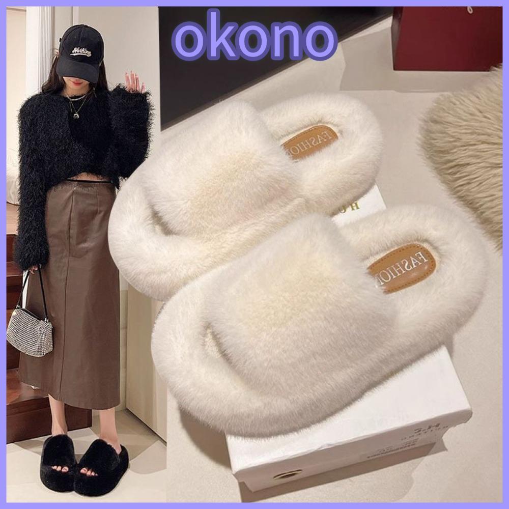 OKONO รองเท้าแตะขนยาวสำหรับผู้หญิง ทำจากผ้าฝ้าย กันลื่นและให้ความอบอุ่น สไตล์ตุ๊กตา เหมาะสำหรับสวมใส่ภายในบ้านในฤดูหนาว