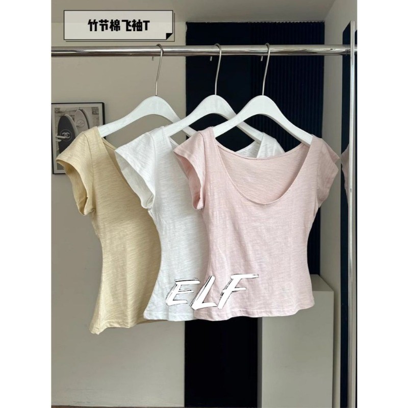 เสื้อยืดแขนสั้นผู้หญิง คอกว้าง สีพื้น แฟชันใหม่สำหรับฤดูร้อน ใส่ง่ายและเหมาะสมสำหรับการทำงาน