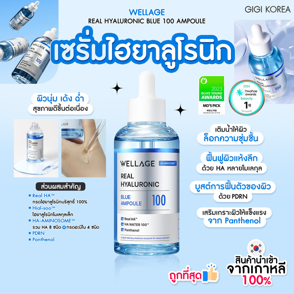 ✅พร้อมส่ง ถูกที่สุด ของแท้ WELLAGE REAL HYALURONIC BLUE 100 AMPOULE 60ml แอมพูลไฮยา