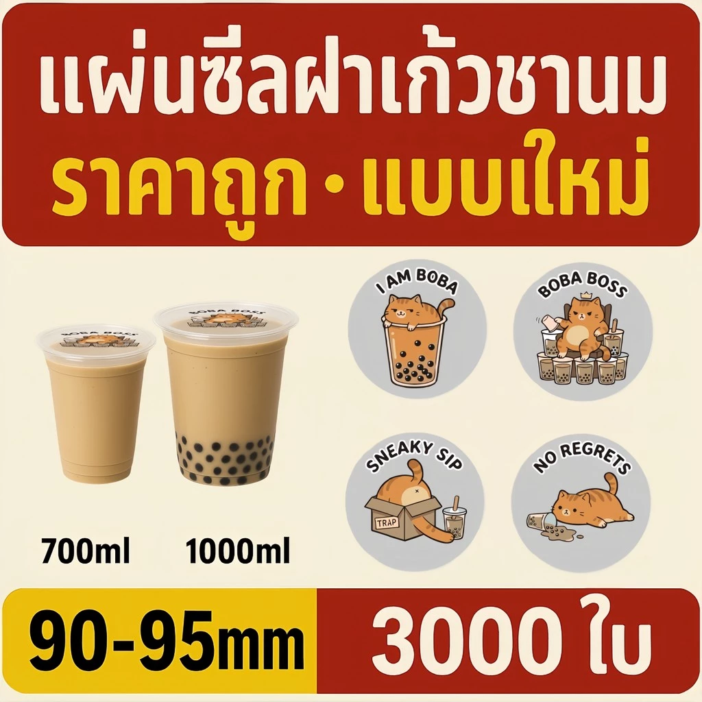 ปิดผนึกฟิล์มม้วน3,000แผ่นจํานวนเต็ม90มม./95มมลํากล้องสากลหนาระเบิดวัสดุปิดผนึกที่เข้มงวดไม่มีการรั่วไหลพิเศษสําหรับ ซื้อกลับบ้าน บรรจุนมชาผลไม้ชาเครื่องดื่มร้านวัสดุสิ้นเปลือง ถ้