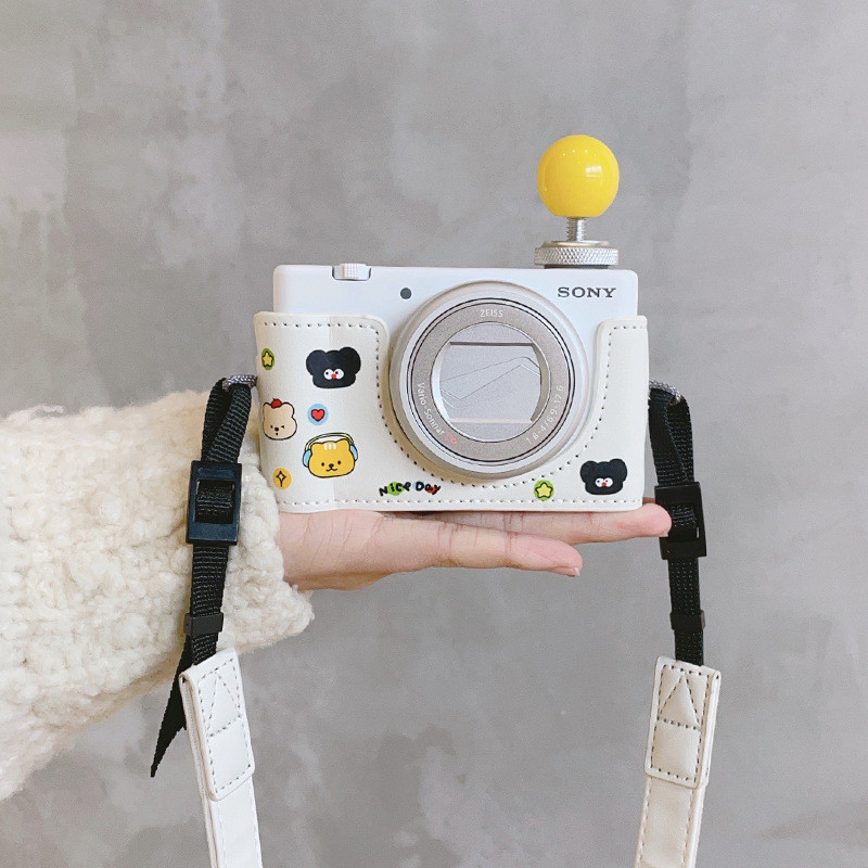 เหมาะสําหรับ Canon R50/R100/R8/RP/800D/77D/850D กล้องป้องกันกรณีการ์ตูนหมีสีขาวฐานกล้องฟรีสายคล้องไห