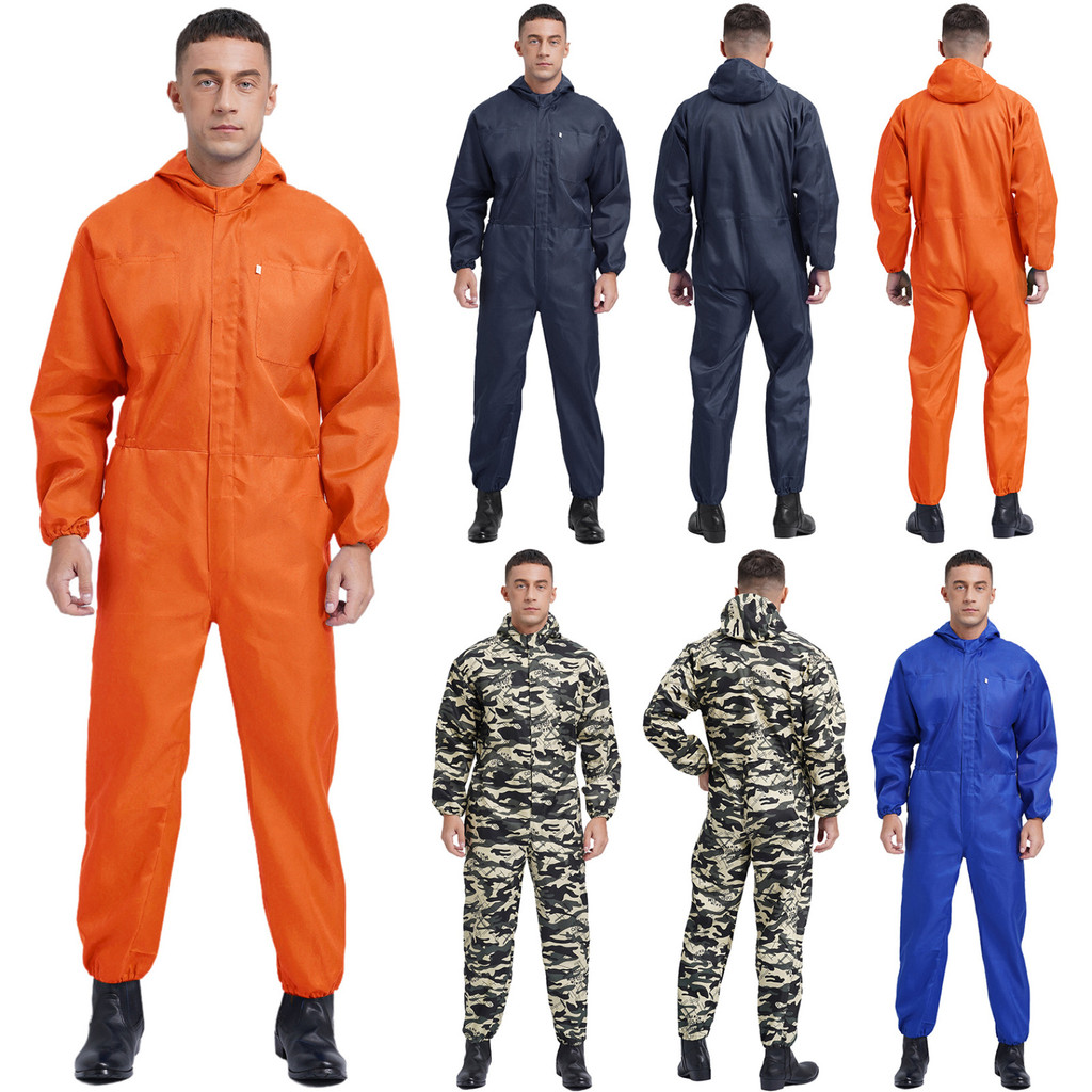 Fldy Mens Coveralls กันฝุ่น Hooded Overalls แขนยาวด้านหน้าครึ่งซิปกระเป๋าใหญ่ Overalls Jumpsuit Dung