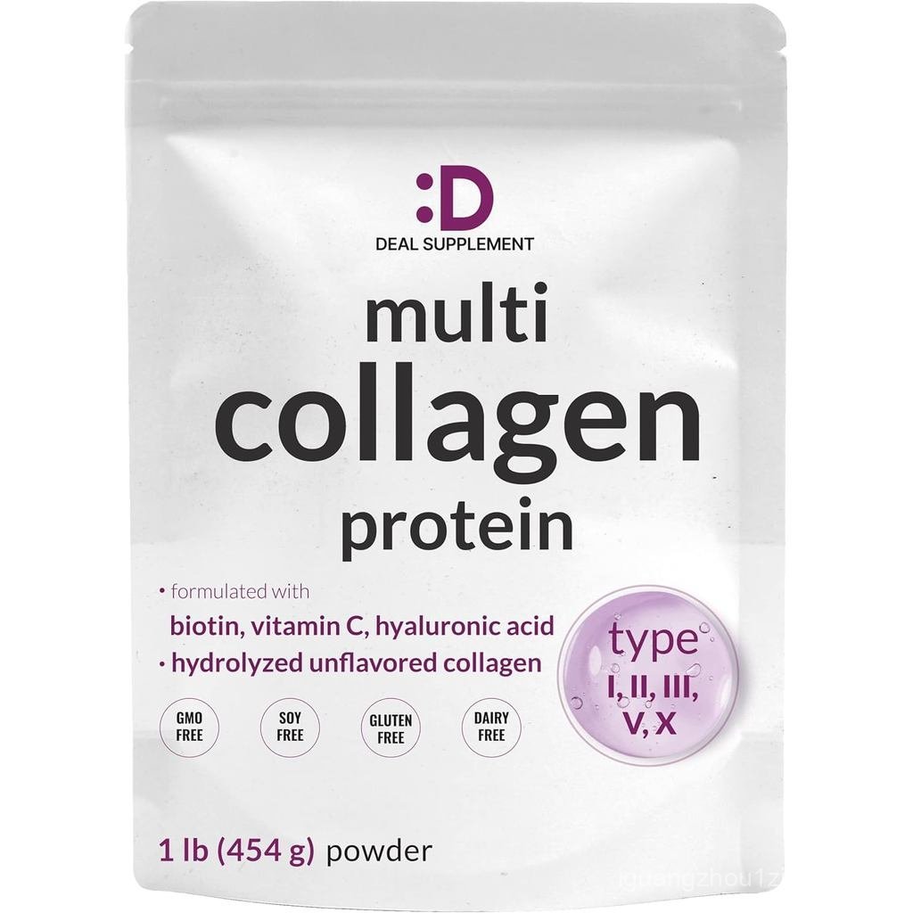 Multi Collagen Protein Powder,1Lb - Type I, II, III, V, X Collagen Peptides with Biotin 10000mcg, Vi