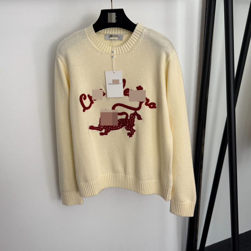 VYC0 Valen**no Elegant Dopamine Outfit Leopard Embroidery Letter Pullover Long Sleeve Wool Knit Swea