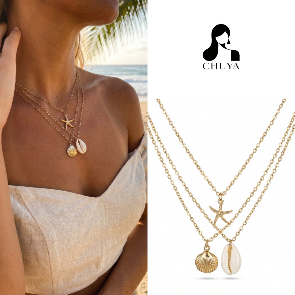 สร้อยคอมัลติพีชเปลือกหอยปลาดาว 3PCS