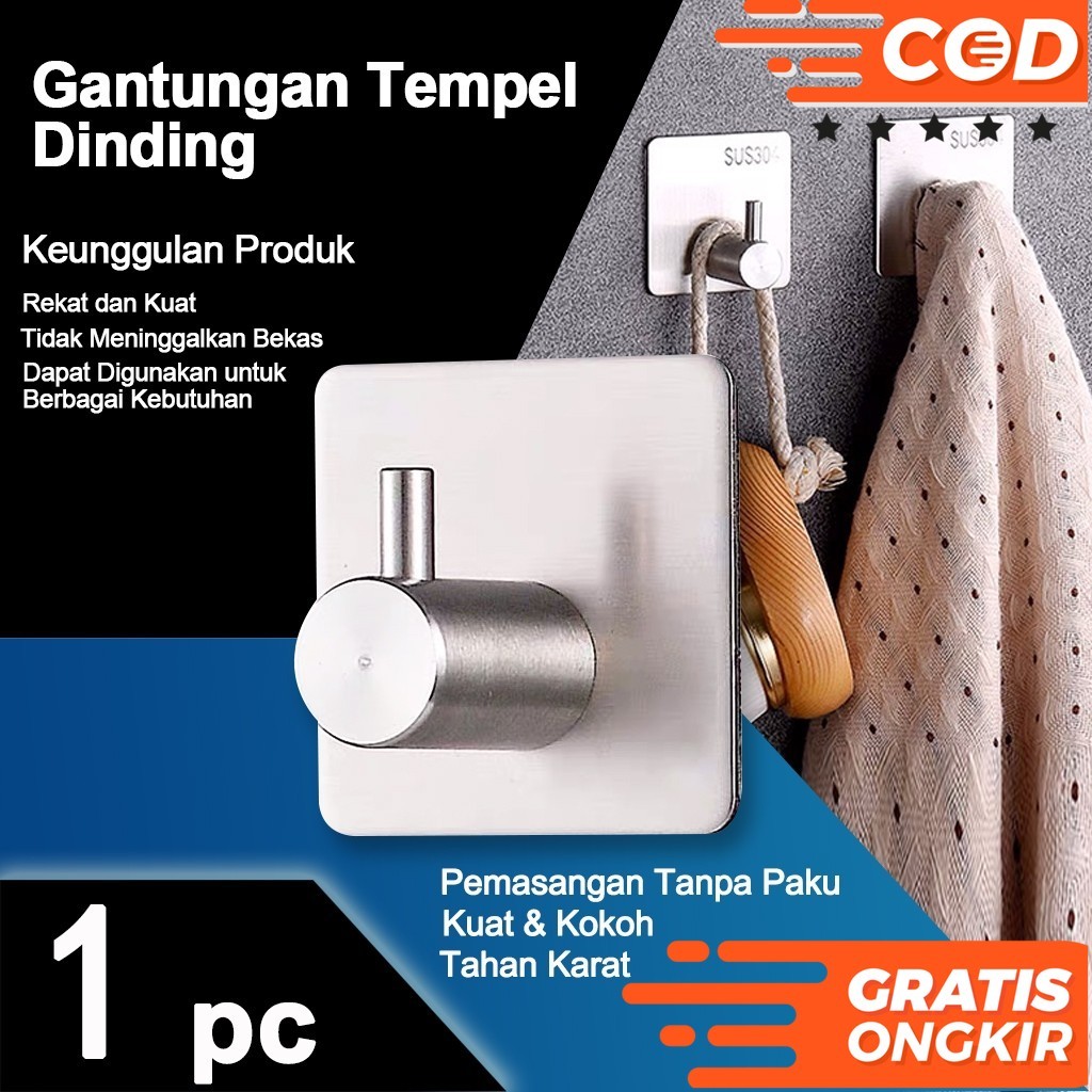 GANTUNGAN 3M ที่แขวนติดผนังเทปคู่แบบไม่มีสกรูตะขอติดผนังสแตนเลส