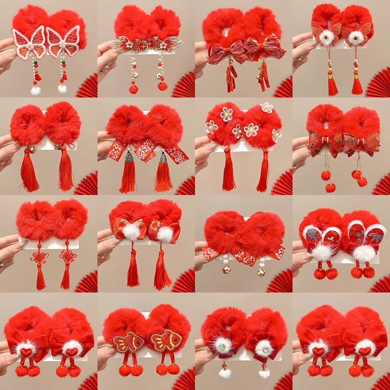 ยางรัดผมพู่สีแดงสำหรับเด็กผู้หญิง เครื่องประดับผมลูกบอลในสไตล์แบบเก่าแก่ - รูปที่ 3