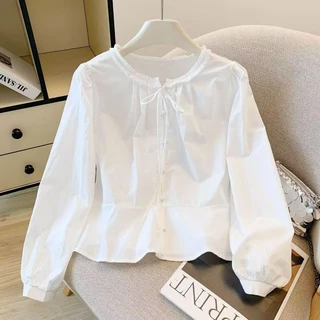 shayne-เสื้อสุภาพสตรี แขนยาว สีทึบ ผีเสื้อ ปม สดชื่น หวาน แฟชั่นสบาย ๆ