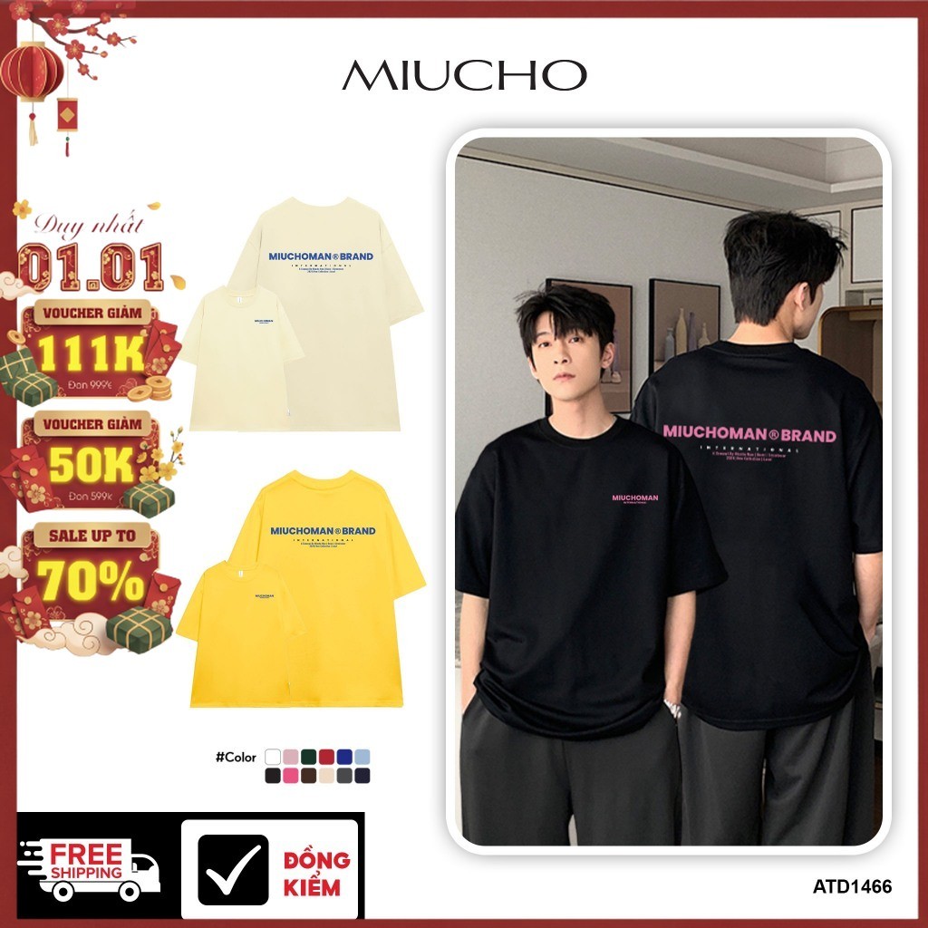 เสื้อยืดผู้ชายแบรนด์ท้องถิ่นหลายสี ATD1466 Miucho Man ผ้าคอตตอนเท่ๆ คอกลม พิมพ์ลายพื้นฐาน