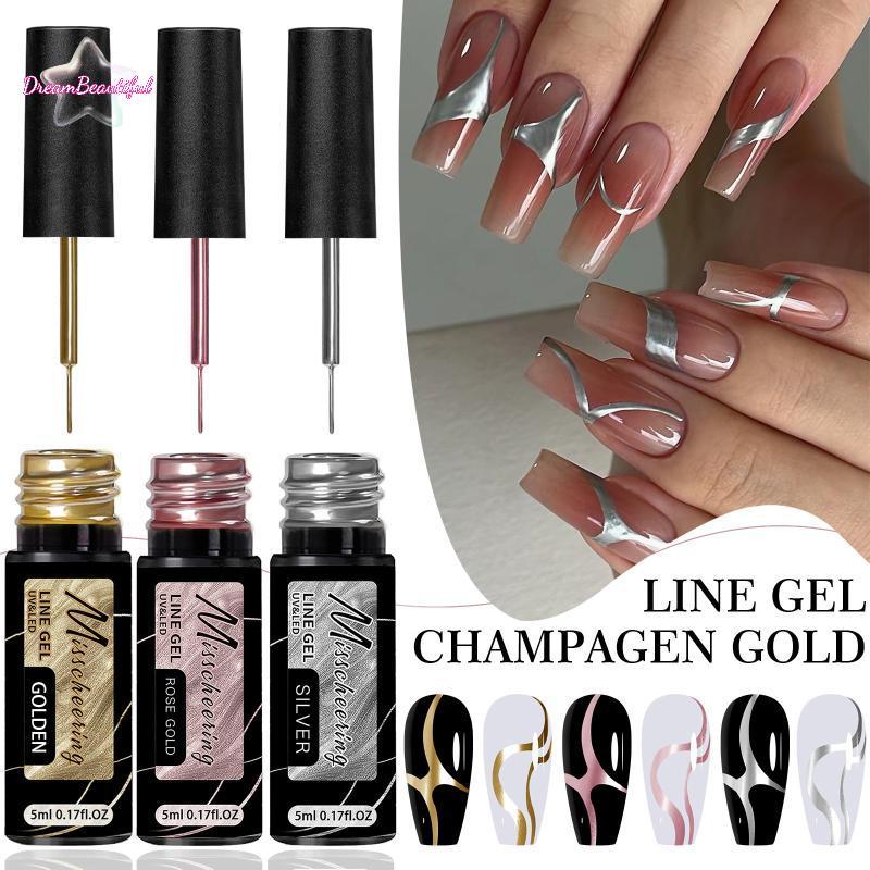 <DBFl-t>Rose Gold Silver Metallic Liner Paint Gel Nail Polish Chrome Mirror Metal Effect Super Bright French UV LED กึ่งถาวรเล็บเจลใหม่