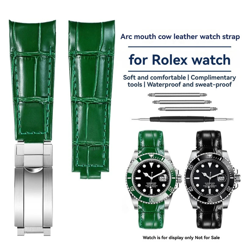 สายหนังแท้ 20 มม.สําหรับ Rolex Daytona Yacht-Master Submariner Hulk GMT Datejust นาฬิกาสีดําสีฟ้าสีเ