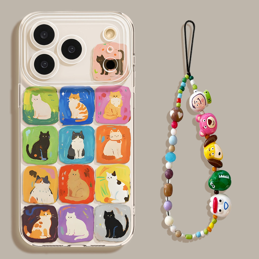 [แมวภาพสีน้ํามันรูปแบบใหม่] เคสโทรศัพท์การ์ตูน iPhone 17/16promax15 โปร่งใส 14 นุ่ม 13 โซ่ 12/11