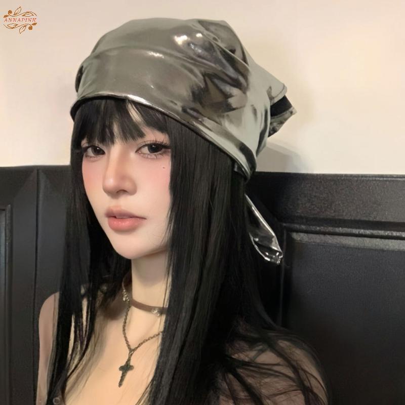Ank ผู้หญิง Y2k PU หนัง Headscarf Retro ผ้าพันคอ Hip Hop Chic Kerchief หมวกน้ําหนักเบาสําหรับทั้งวันฤดูร้อน Comfort EN
