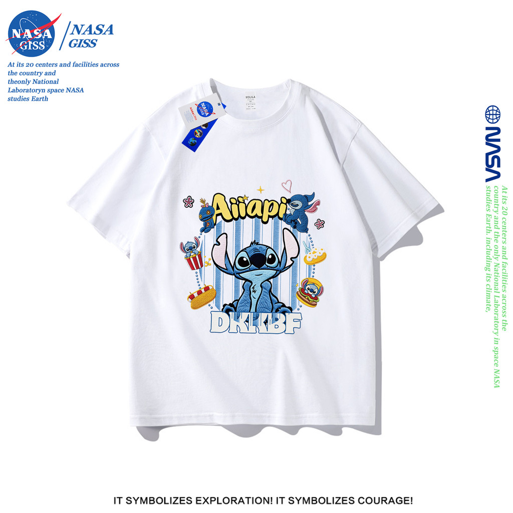 NASA เสื้อยืดชายหญิงแขนสั้น สไตล์ลำลอง summer Stitch พิมพ์ลาย คอตตอน คอกลม หลวมและระบายอากาศ