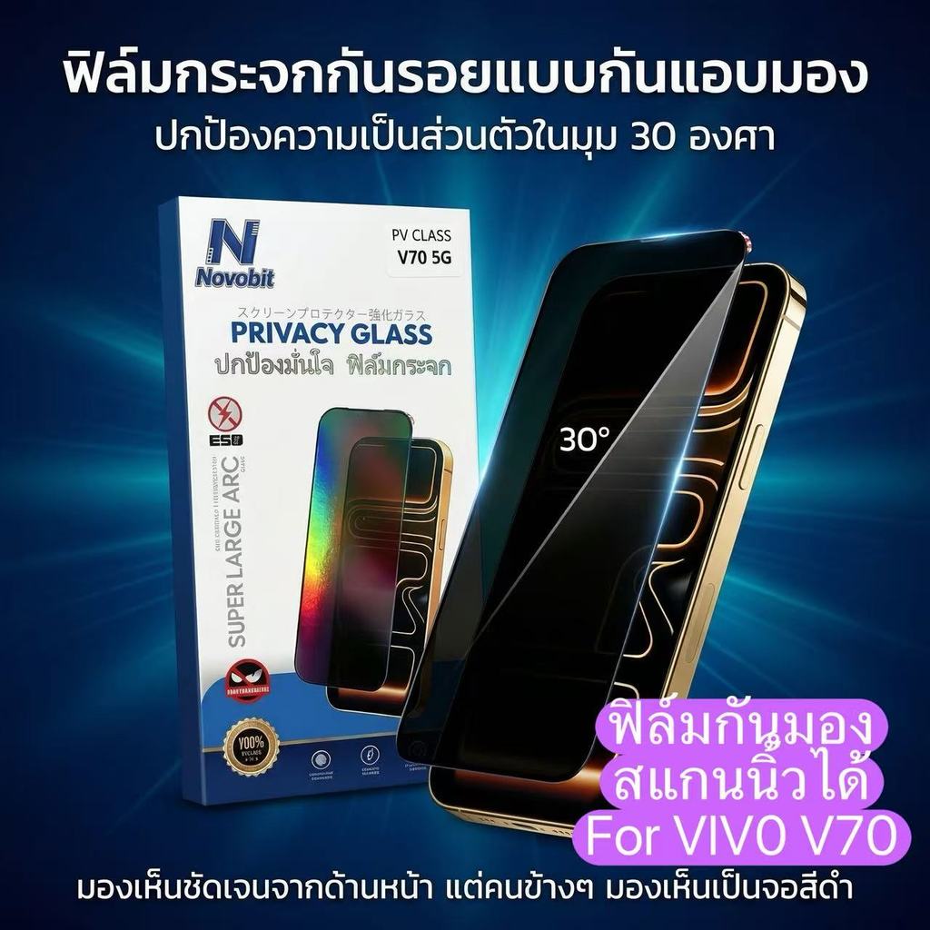Novobit สแกนนิ้วมือได้ ฟิล์มกันมอง For Vivo V70 5G ฟิล์มป้องกันหน้าจอฟิล์มกันรอยกระจกนิรภัย ป้องกันการแอบดู