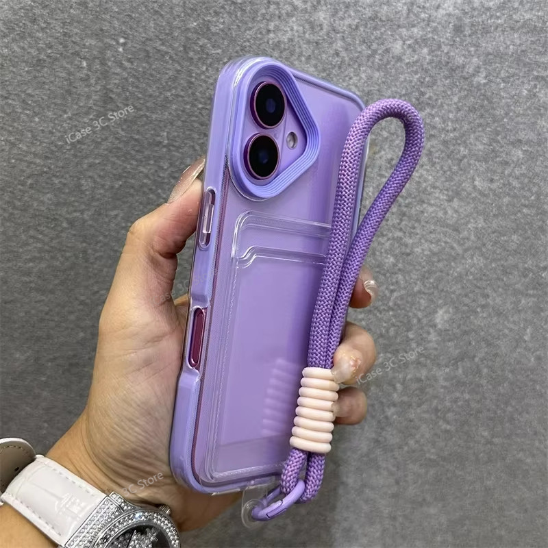Luxury Card Bag With lanyard Phone Case For iPhone 11 12 13 14 15 16 Pro Max Plus Transparent Shockproof Bumber Cover