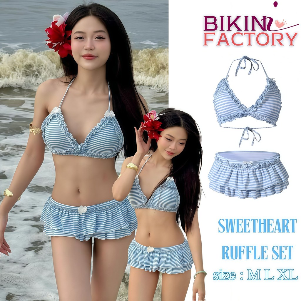 BIKINI FACTORY ส่งไว !! ชุดว่ายน้ำ Bikini ลายทางฟ้า-ขาว สายคล้องคอ + กระโปรง มีไซส์ M-XL | น้ำหนัก 40-65 กก. Y124