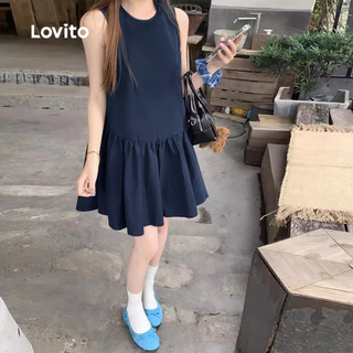 Lovito เดรสแคชชวลสำหรับใส่ทำงาน ดีไซน์คลาสสิกและใช้งานได้หลากหลาย สีน้ำเงินเข้ม ผูกโบว์ด้านหลัง เหมาะสำหรับฤดูใบไม้ผลิ/ฤดูร้อน สำหรับผู้หญิง L154ED239