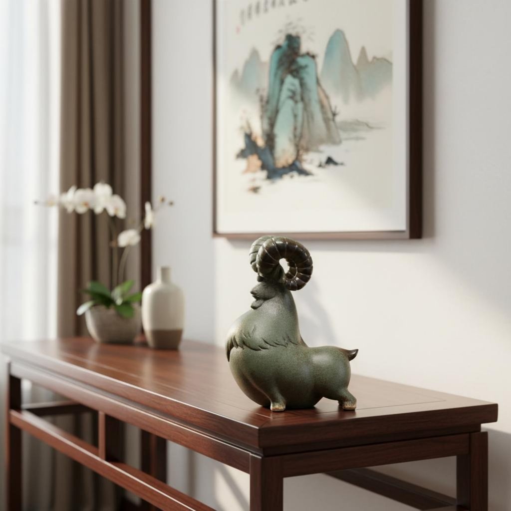 มาสคอตมงคลออกแบบจีน Ram รูปปั้น Artisanal Leader Ram Figurine Kiln-Fired Glaze สําหรับ Entryway