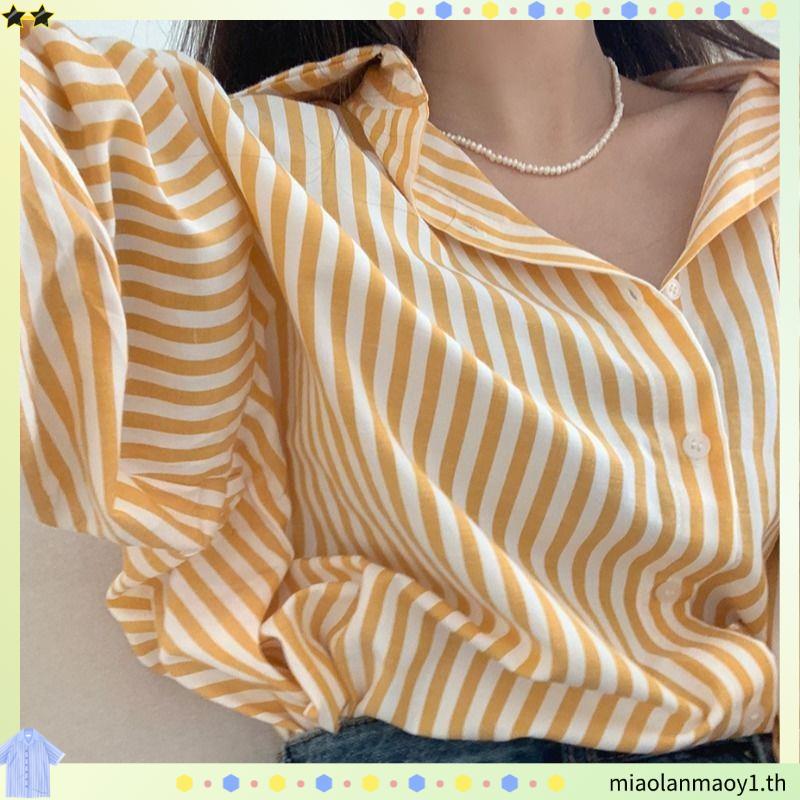 เสื้อเชิ้ต lll Freesize lll CT010 เสื้อเชิ้ต มีกระเป๋า คอปก กระดุมหน้า แขนยาว ลายทางริ้วเล็ก เนื้อผ้
