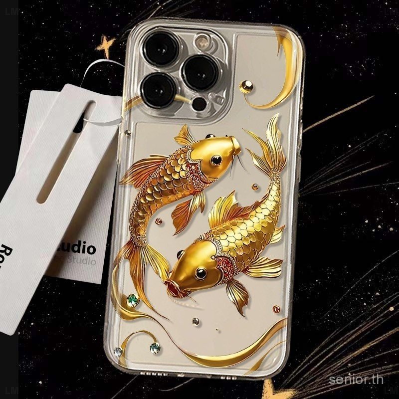 เคสโทรศัพท์หรูหราปลาสีทองทาสีความรู้สึกระดับไฮเอนด์เหมาะสําหรับiPhone 14 15 16 17 promax xr xsmax 11promax 12pro 13promax 15pro 14pro 16proโปร่งใสป้องกันกรณี