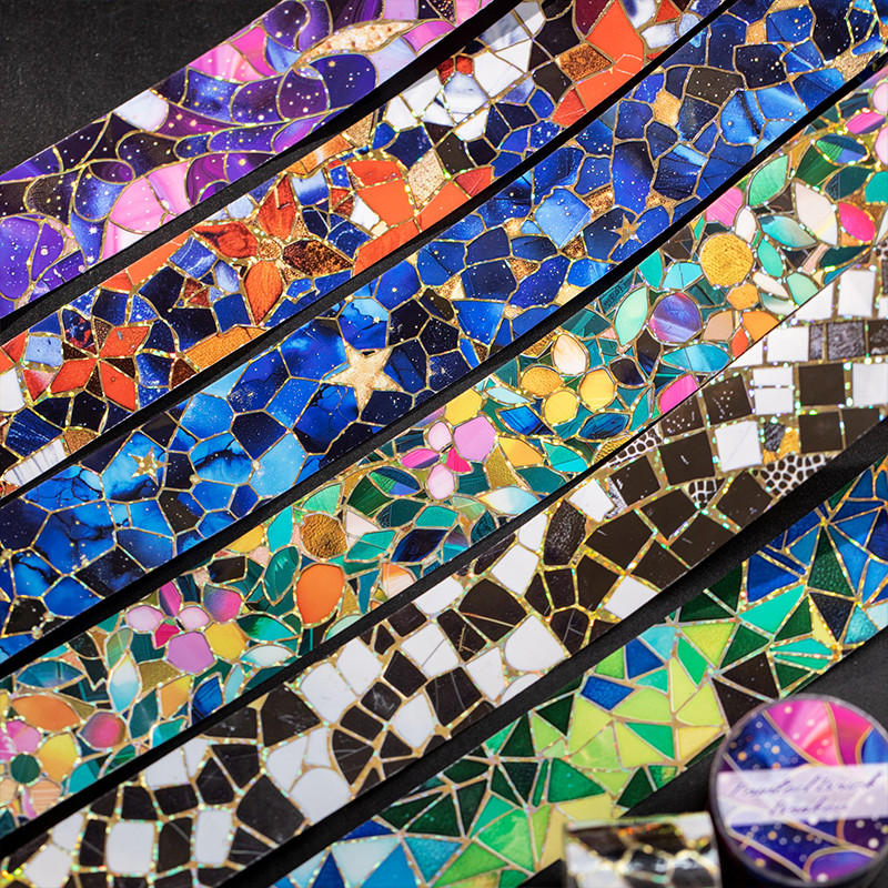 QOUZMO Colored Brick Fragments Series PET Gold Stamping Tape 30mm2M เทปตกแต่งกันน้ําสําหรับวารสาร Scrapbooking ห่อของขวัญ