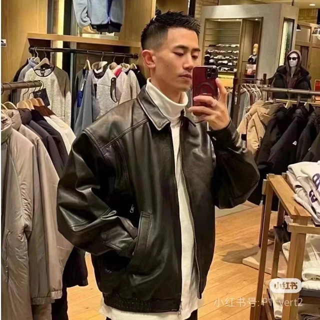BRW7 B@AMS Vintage SSZ Lambskin Zipper Biker Leather Jacket with Turn-down Collar, Loose Fit, Double