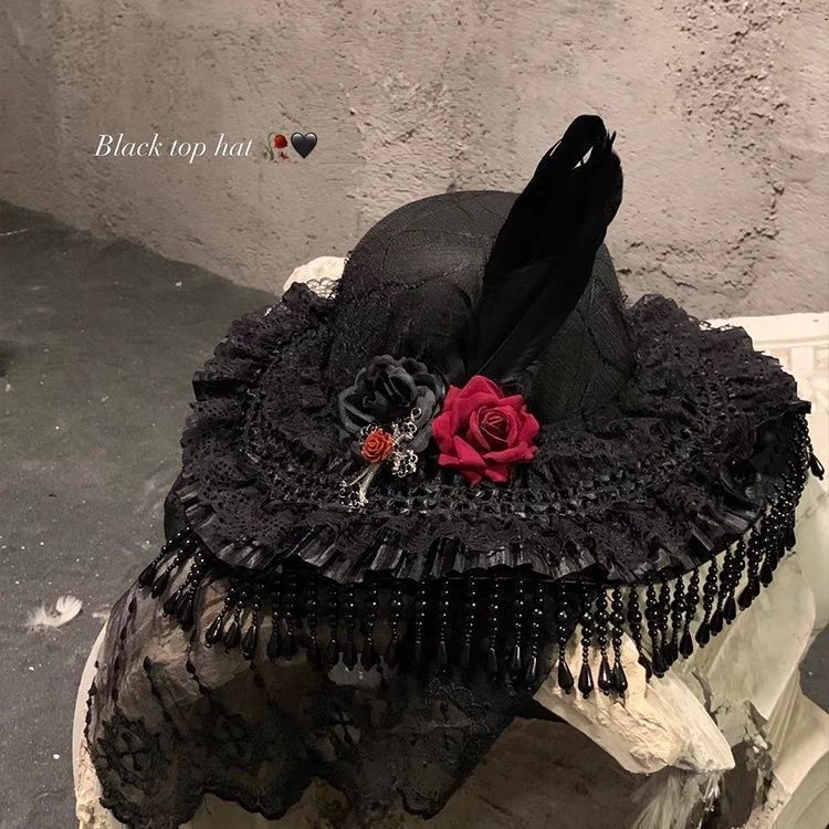 Black Widow Gothic Hat Halloween-Black Witch Hand-Made Lolita Lolita Big Brim 3 วัน ±Hair