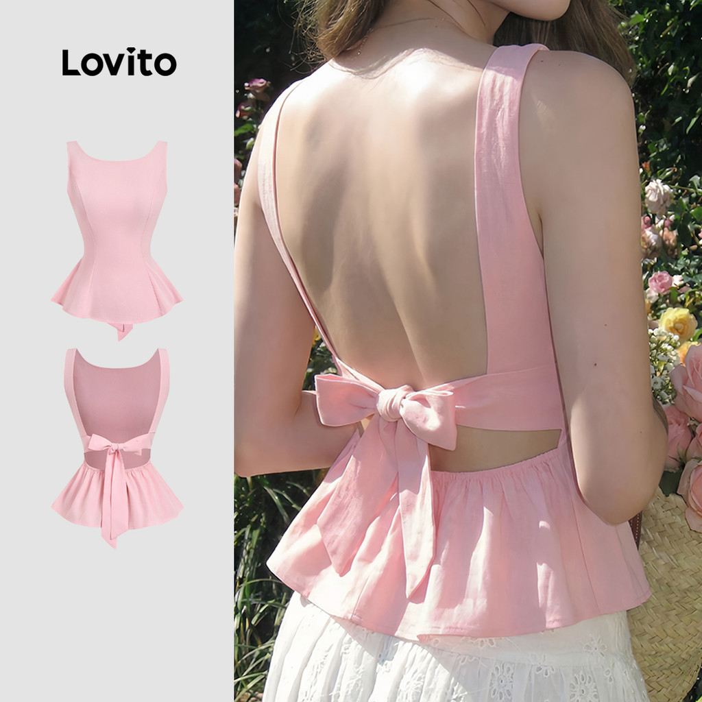 Lovito เสื้อเบลาส์ลําลองสําหรับผู้หญิง สีชมพู ผูกหลัง สําหรับฤดูใบไม้ผลิ/ฤดูร้อน L189ED076