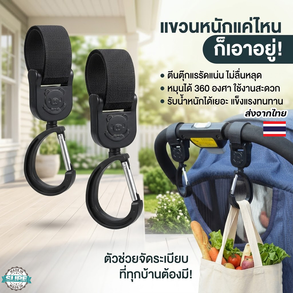 ตะขอแขวนของตีนตุ๊กแก อเนกประสงค์ ติดได้ทุกที่ แขวนของสะดวก หมุนได้รอบทิศ ใช้ได้ทั้งรถเข็น โต๊ะ เก้าอี้