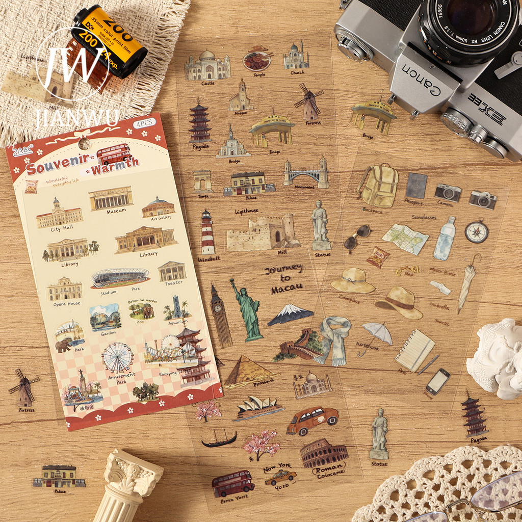 JIANWU ไดอารี่ลายมือ Series Vintage Life Building ภูมิทัศน์วัสดุ Collage PET สติกเกอร์ Creative DIY Journal เครื่องเขียน