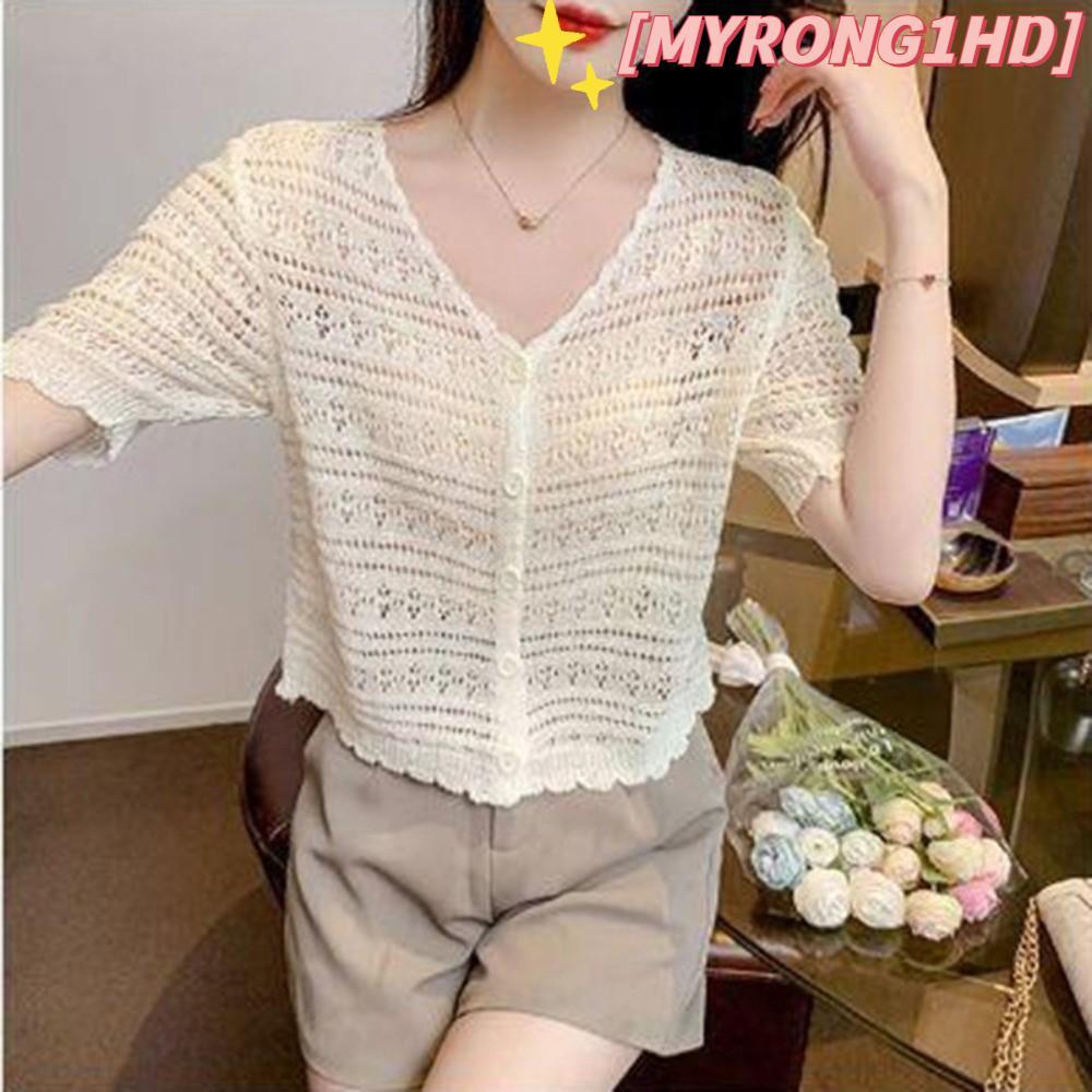 MYRONG1HD Sun-Proof Tops, Hollow Out แขนสั้นเสื้อสเวตเตอร์ถัก,แฟชั่น V คอ Casual บาง Outwear ผู้หญิง