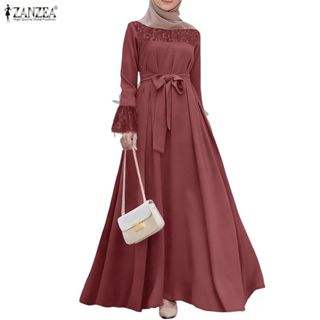 ZANZEA ผู้หญิงมุสลิมหรูหราหรูหราลูกเรือคอแขน Flare Tie-Up ลู…