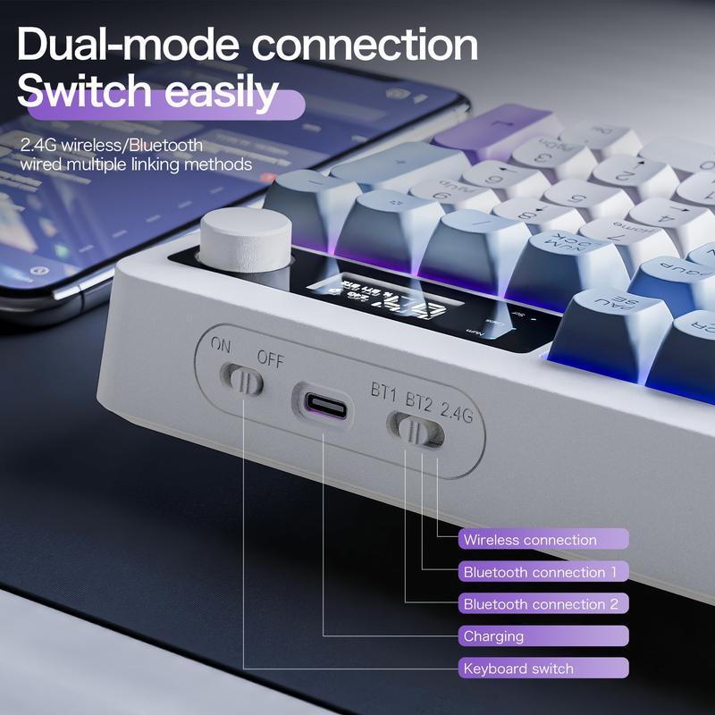 XUNFOX TK100 RGB Wireless Keyboard Dual-Mode Connection With Smart Digital Display Ergonomic Design