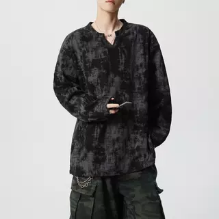 56 MEN Long-sleeve T-shirt WY29 เสื้อยืดแขนยาว ลายมัดย้อม คอวี เสื้อยืดทรงหลวม สไตล์วินเทจ ขาว ดำ M-3XL